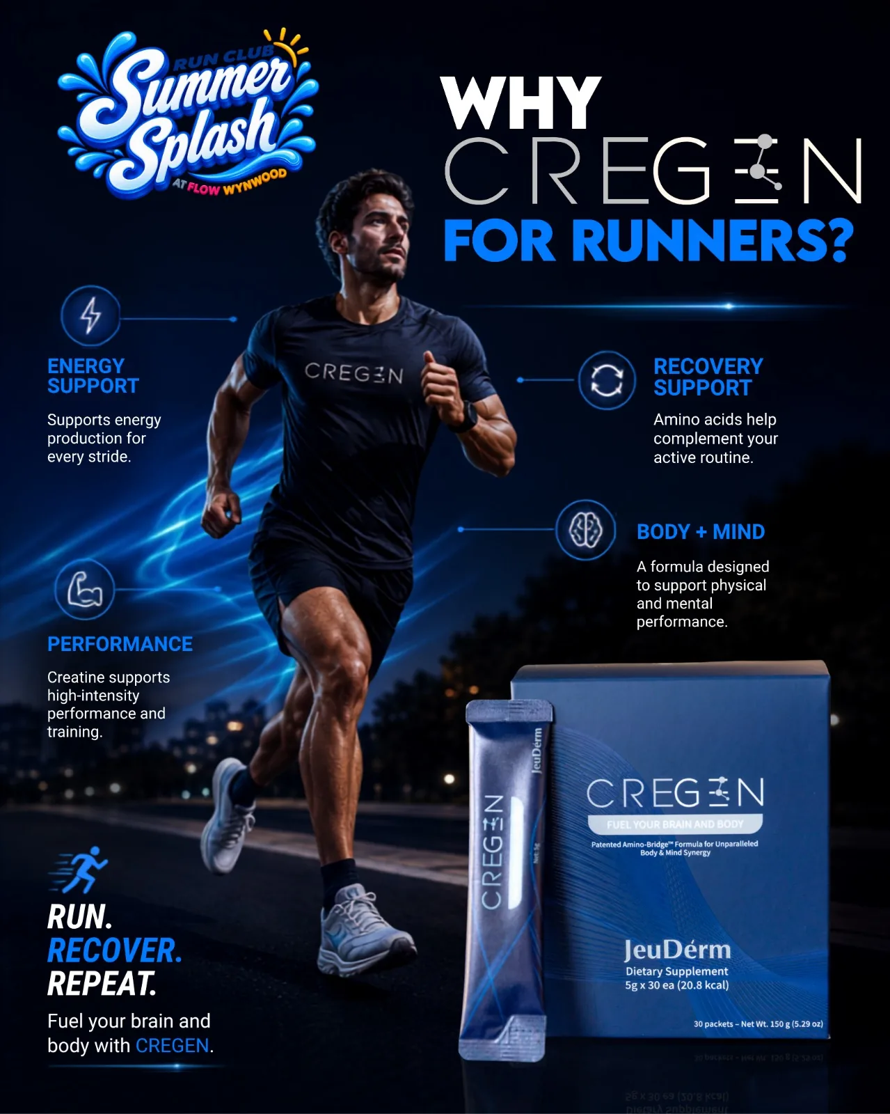 Runner wearing CREGEN shirt with product packaging, highlighting why CREGEN supports runners with energy, recovery, performance and body-mind benefits